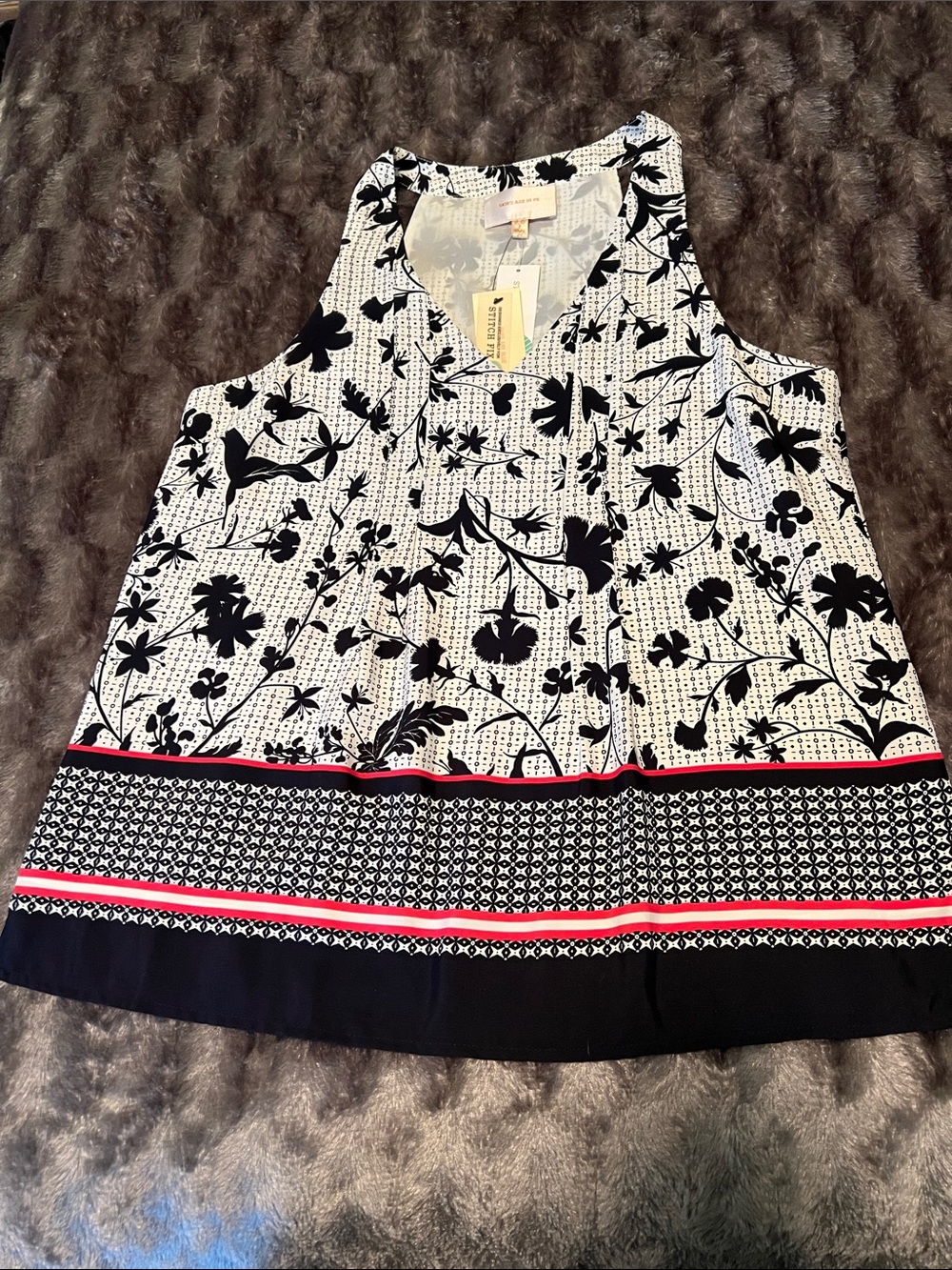 Skies are Blue Navy and White Floral Tank with Border Stripe